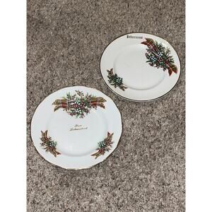 2 Tartan & Berries Gold Christmas Plates Holiday Bone China